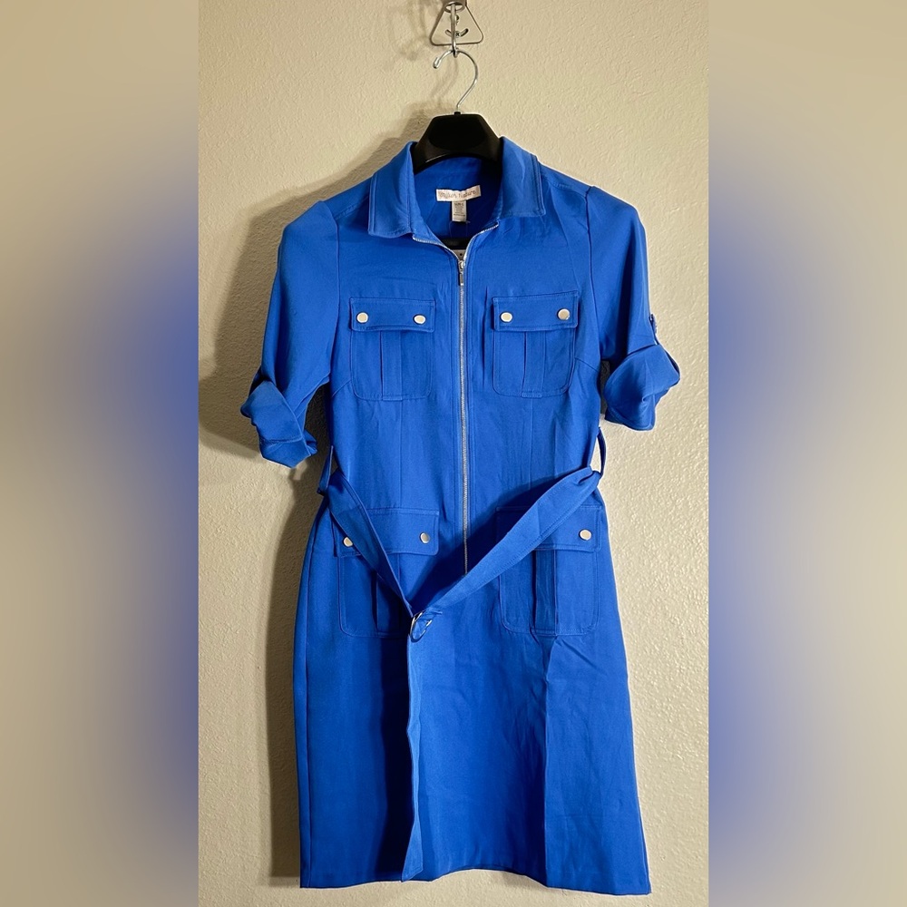 Blue Zip-Up Dress with Belt